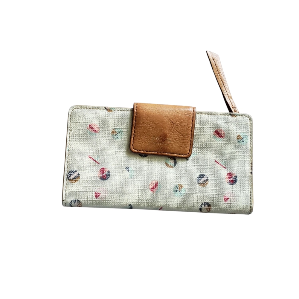 FOSSIL Sydney Wallet Checkbook White Multi Polka Dots Leather Tan Snap Close